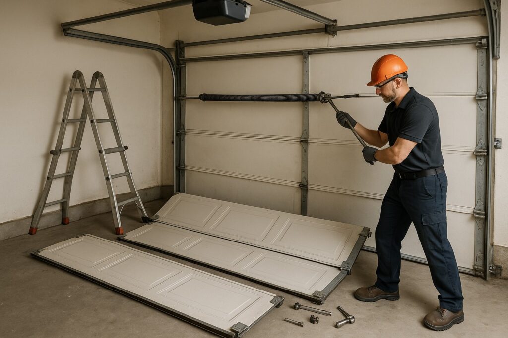 New garage door installation in progress with removal of the old door system, clearing space for updated hardware, improved safety features, and modern materials.