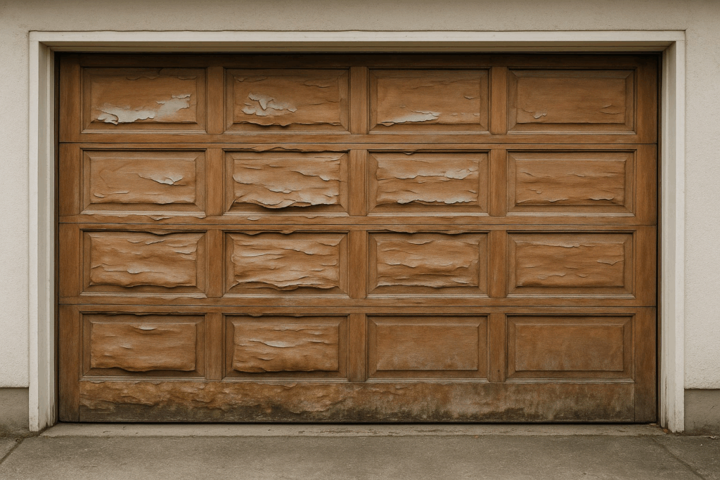 Old wooden garage door with peeling paint and warped panels, showing the need for garage door repairs or replacement.