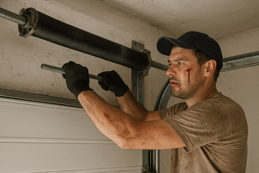 Injured man with cuts attempting dangerous garage door spring repair, highlighting risks of DIY garage door repairs.