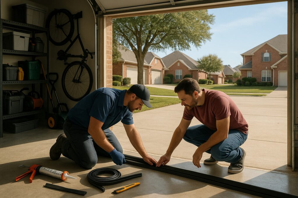 Homeowner and technician installing garage door weather stripping for better insulation.