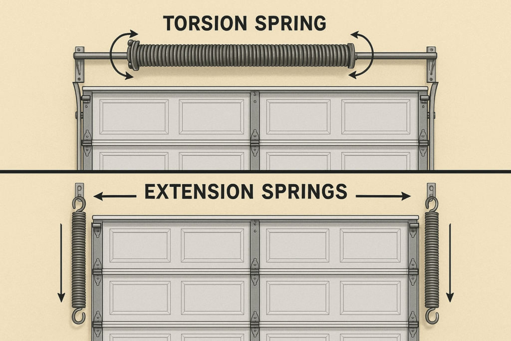 Illustration comparing torsion spring and extension springs used to repair garage door systems.