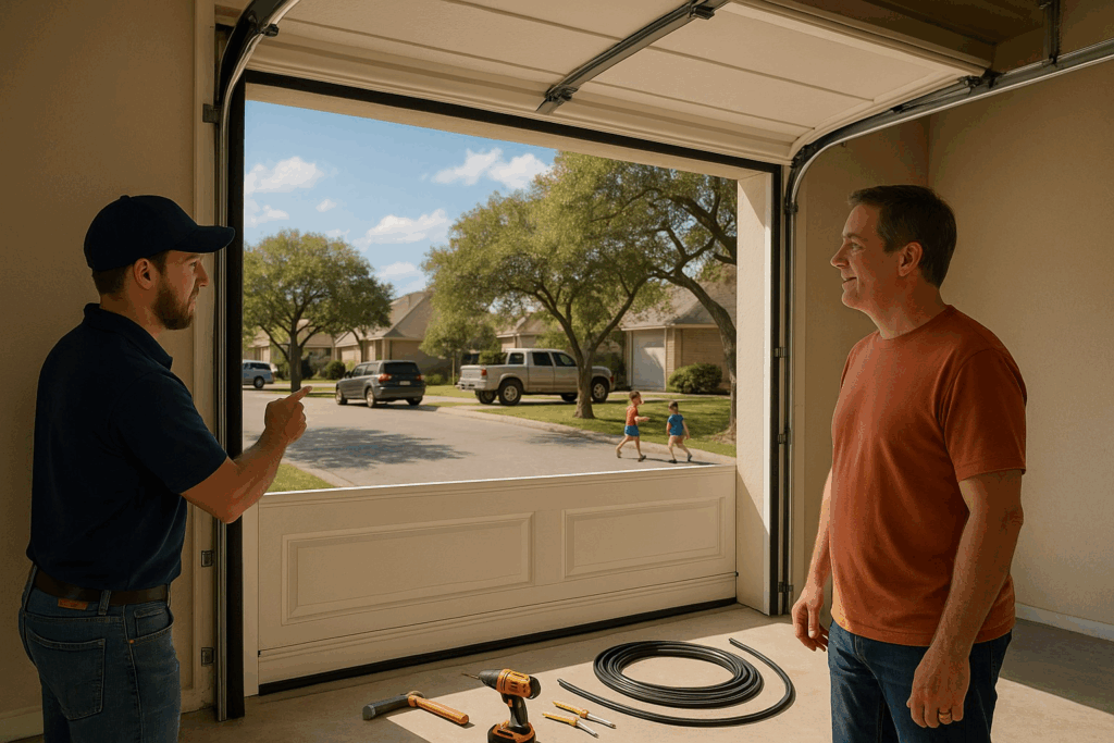 Technician explaining garage door repair upgrades to homeowner while tools and materials are prepared for a quieter, safer system.