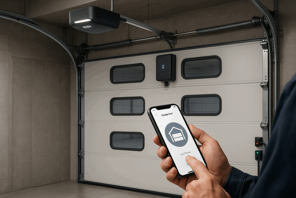 Man cleaning modern garage doors on residential home exterior.